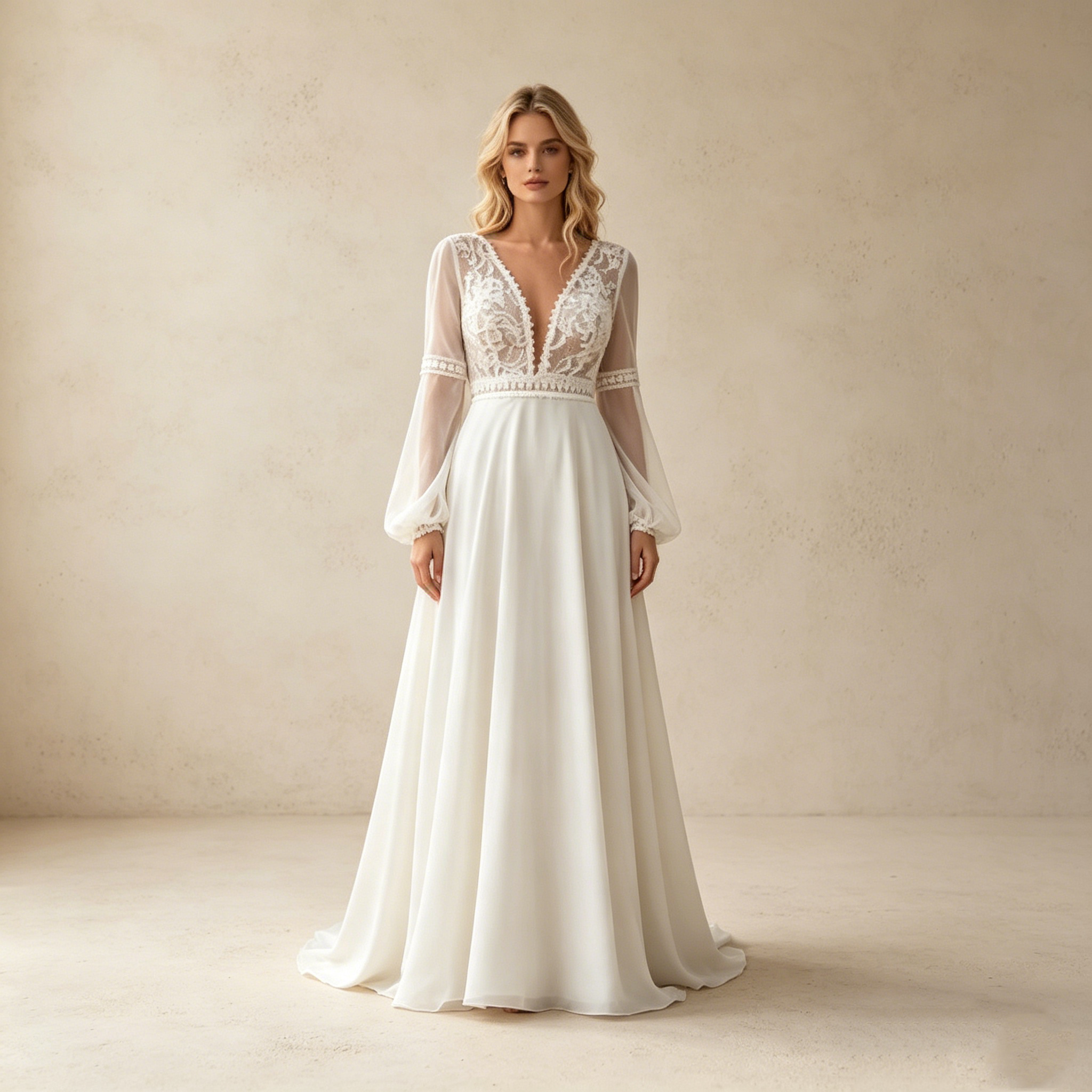 Moderner Zweiteiler-Traum: Weißes Maxikleid mit elegantem Langarm-Top und floralem A-Linien-Rock