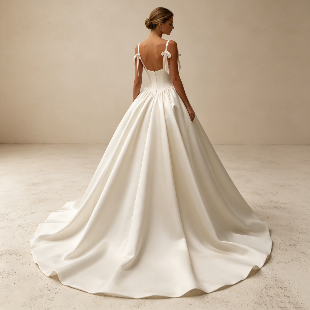 Exklusives A-Linien Satin-Abendkleid in Elfenbein mit Basken-Taille, Schulter-Schleifen und voluminösem Rock – Elegantes Maxi-Ballkleid