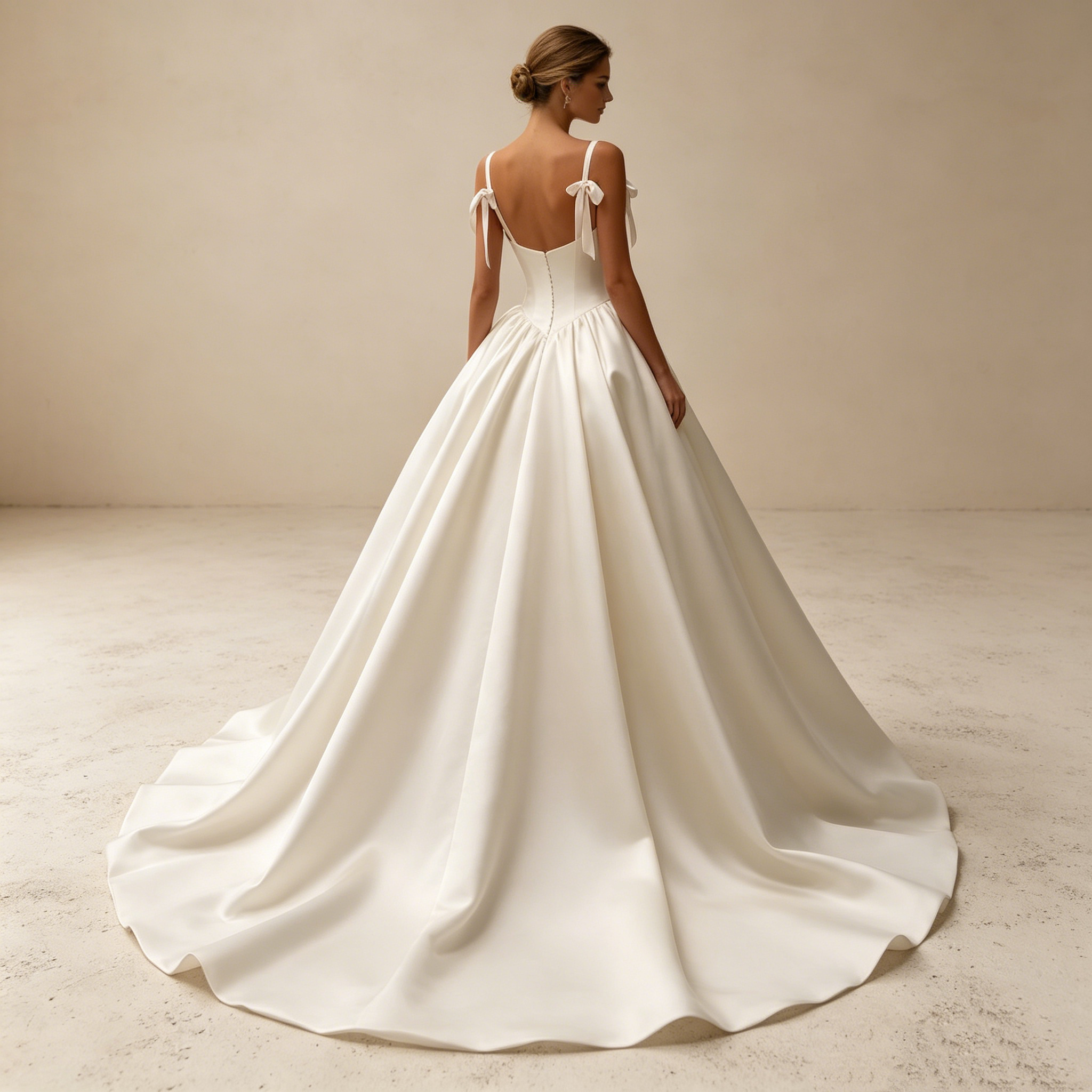 Exklusives A-Linien Satin-Abendkleid in Elfenbein mit Basken-Taille, Schulter-Schleifen und voluminösem Rock – Elegantes Maxi-Ballkleid