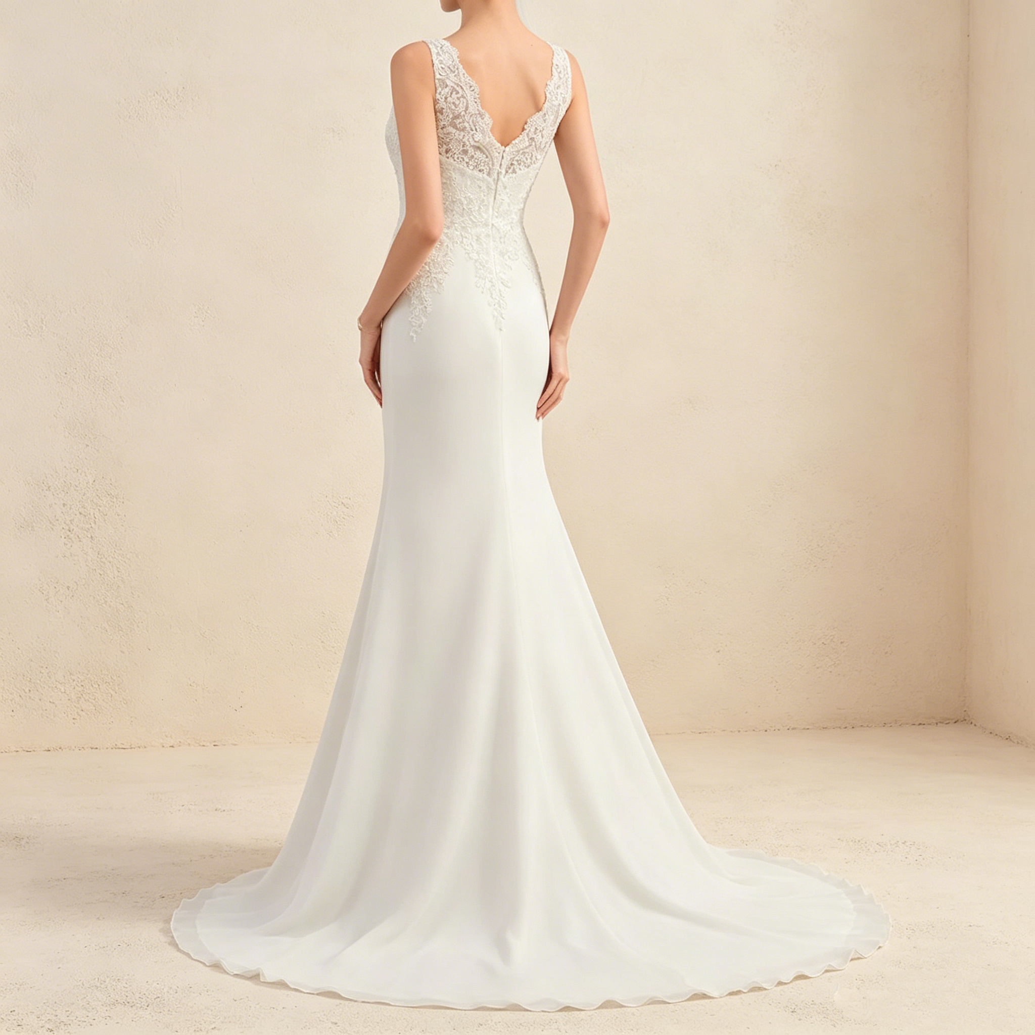 Exklusives weißes Abendkleid mit floraler Spitze im Meerjungfrau-Stil, elegantes bodenlanges Maxikleid mit V-Ausschnitt
