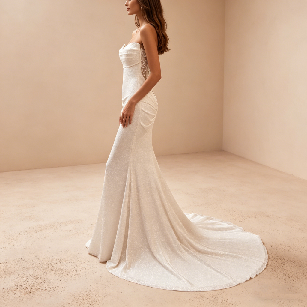 Funkelndes Abendkleid in Elfenbein mit Pailletten, Elegante Meerjungfrau-Galarobe, Trägerloses Maxikleid für Besondere Anlässe