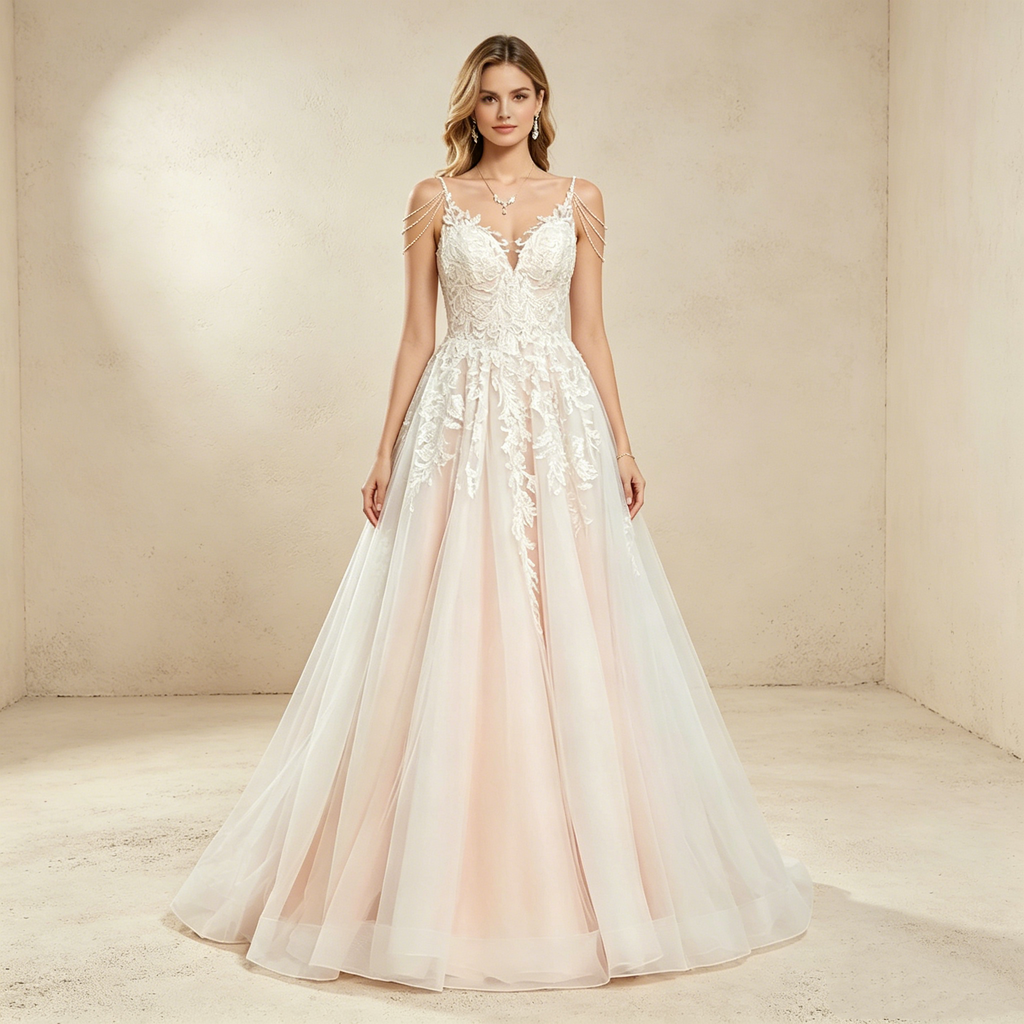 Exklusives Maxikleid mit floraler Spitze und Perlenketten-Details, elegantes bodenlanges Abendkleid mit V-Ausschnitt in A-Linie