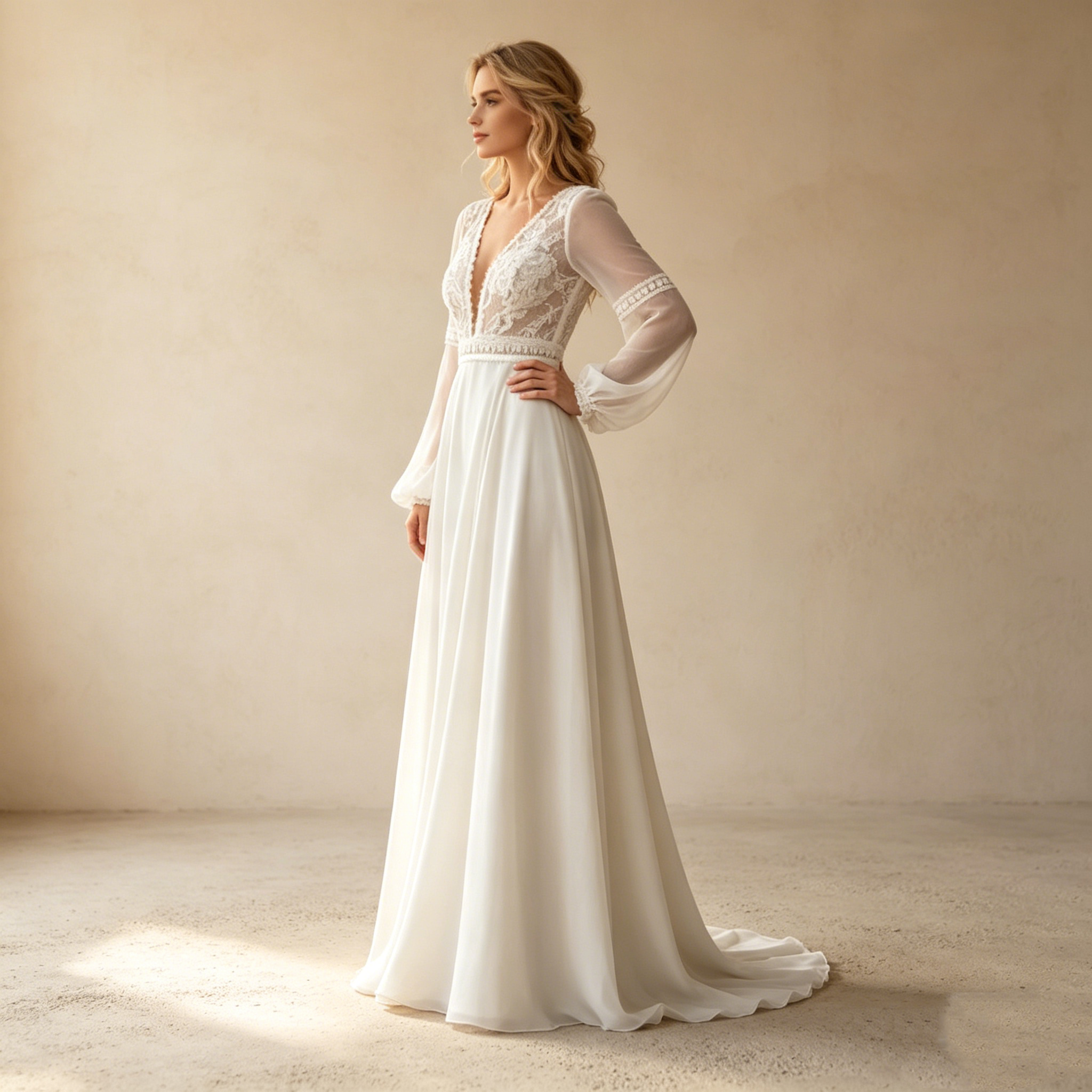 Moderner Zweiteiler-Traum: Weißes Maxikleid mit elegantem Langarm-Top und floralem A-Linien-Rock