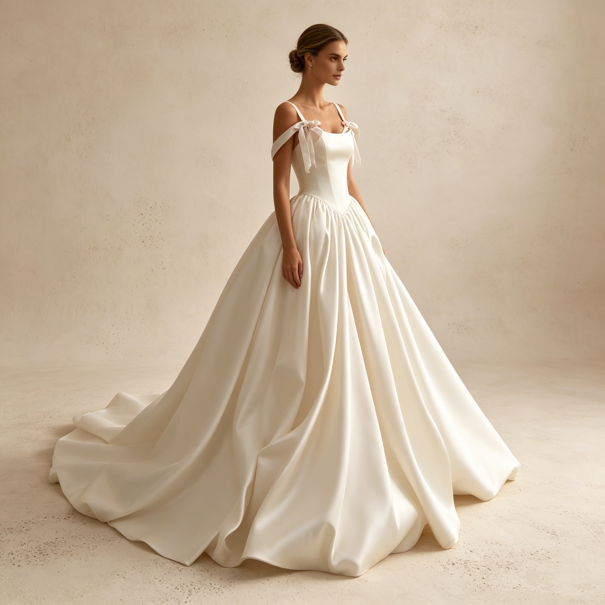 Exklusives A-Linien Satin-Abendkleid in Elfenbein mit Basken-Taille, Schulter-Schleifen und voluminösem Rock – Elegantes Maxi-Ballkleid