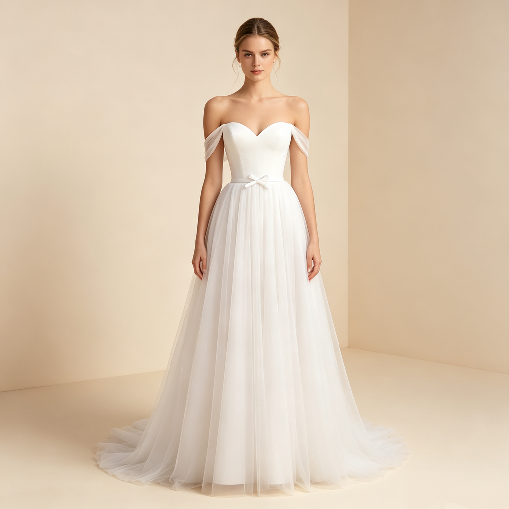 Elegantes off‑shoulder Festmaxikleid, figurbetontes Oberteil, fließender Tüll‑Rock mit Schleppe