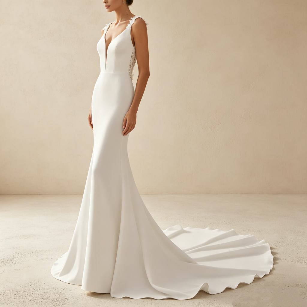 Elegantes Meerjungfrau-Abendkleid in Elfenbein – Exklusives Maxikleid mit tiefem V-Ausschnitt und Spitzenverzierung