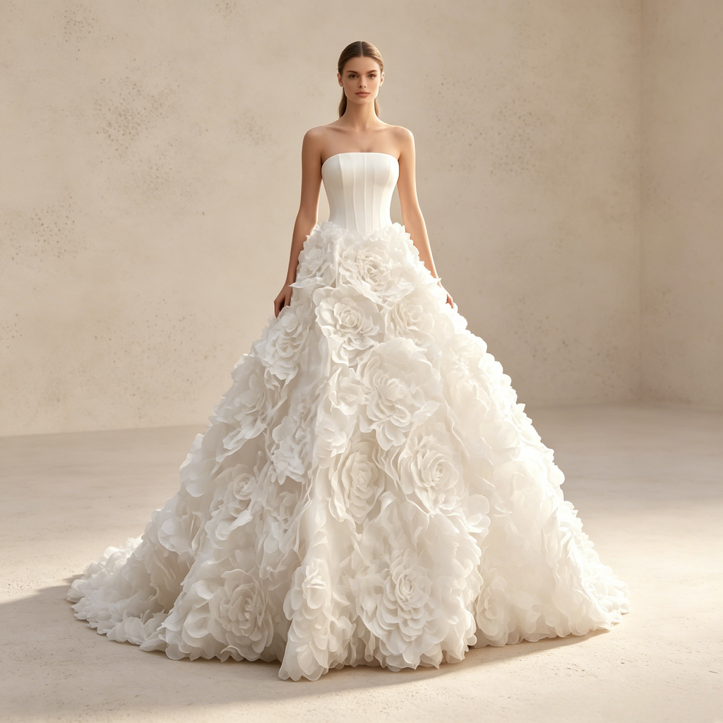 Trägerloses Abendkleid mit Korsagen-Oberteil und 3D-Blumen-Applikationen – Weiß