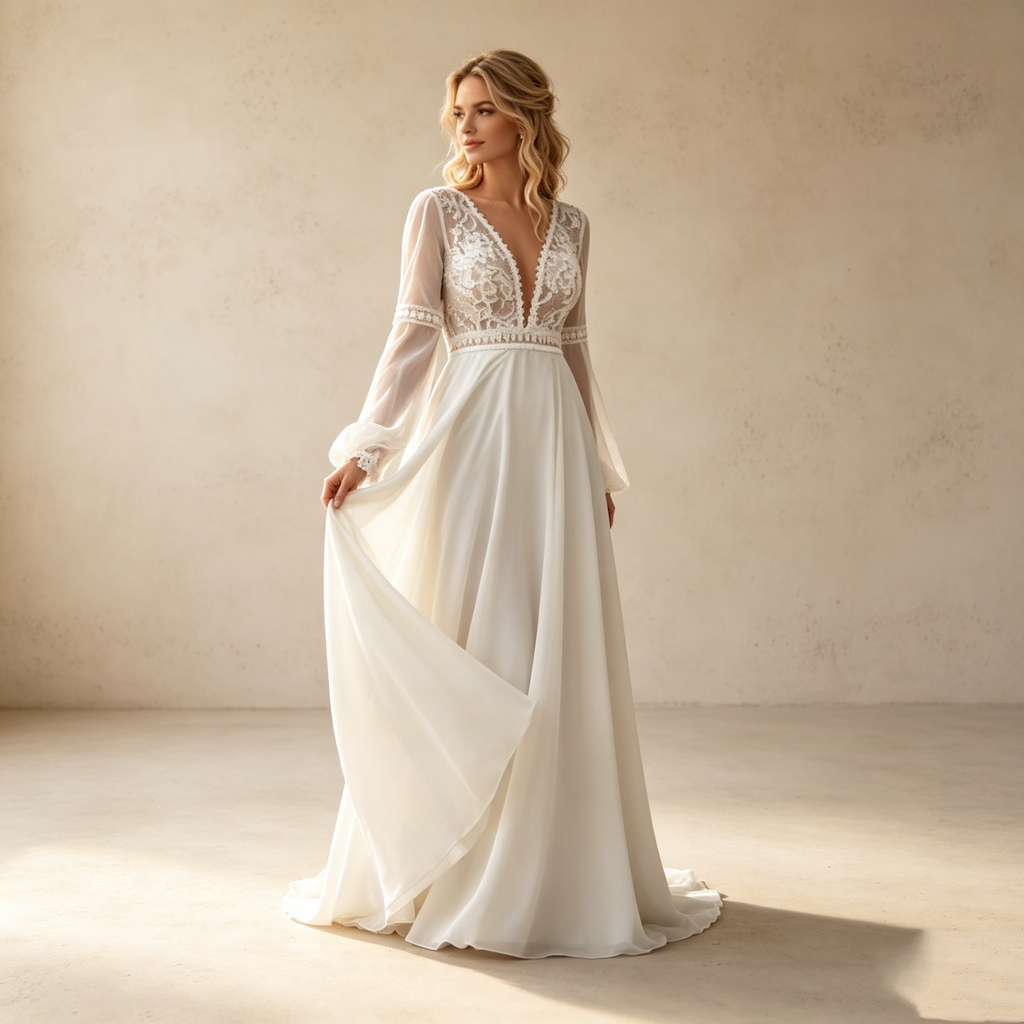 Moderner Zweiteiler-Traum: Weißes Maxikleid mit elegantem Langarm-Top und floralem A-Linien-Rock