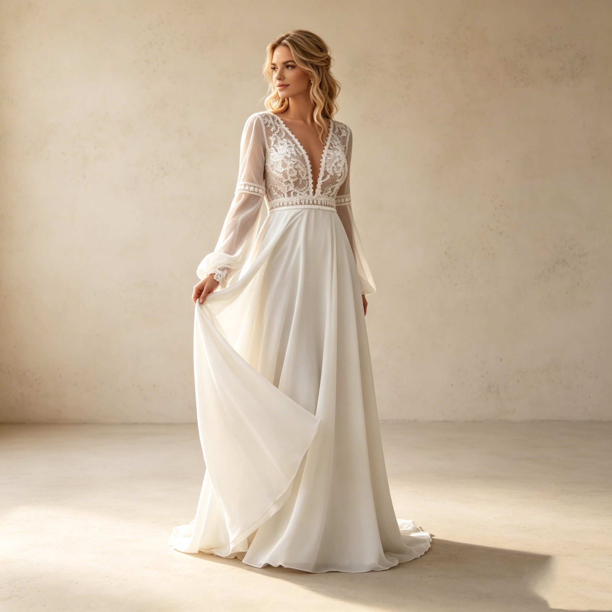 Moderner Zweiteiler-Traum: Weißes Maxikleid mit elegantem Langarm-Top und floralem A-Linien-Rock