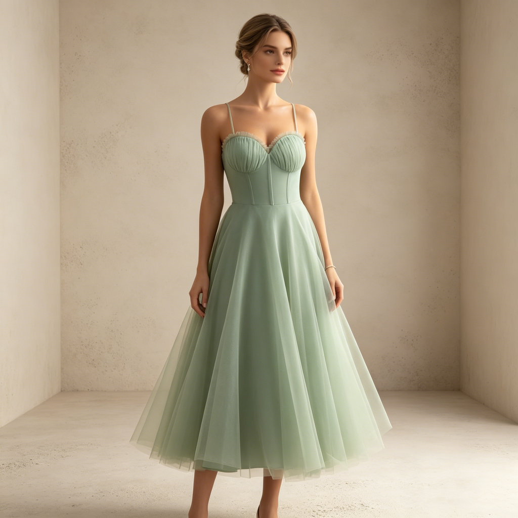 Wadenlanges A-Linie Abendkleid mit Spaghetti-Trägern Elegantes Tüll Kleid - Mintgrün