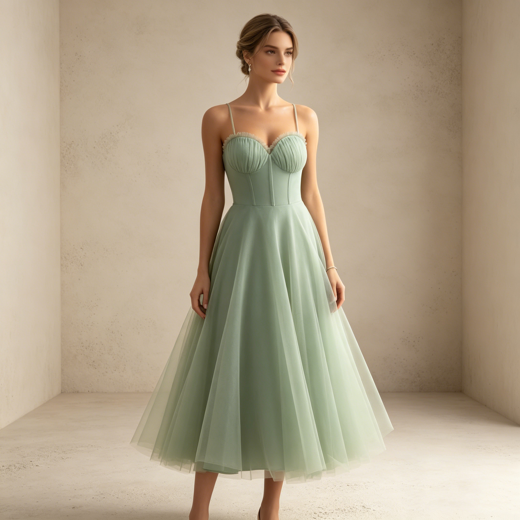 Wadenlanges A-Linie Abendkleid mit Spaghetti-Trägern Elegantes Tüll Kleid - Mintgrün