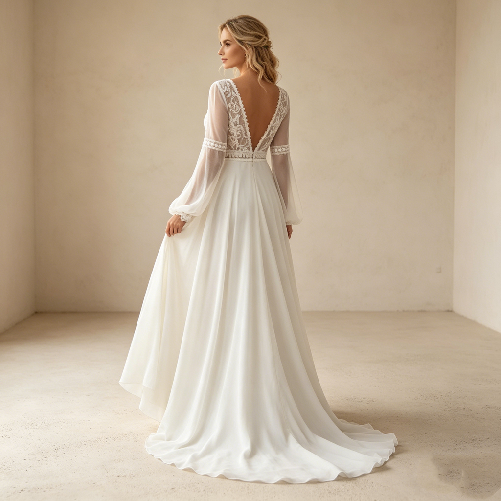 Moderner Zweiteiler-Traum: Weißes Maxikleid mit elegantem Langarm-Top und floralem A-Linien-Rock