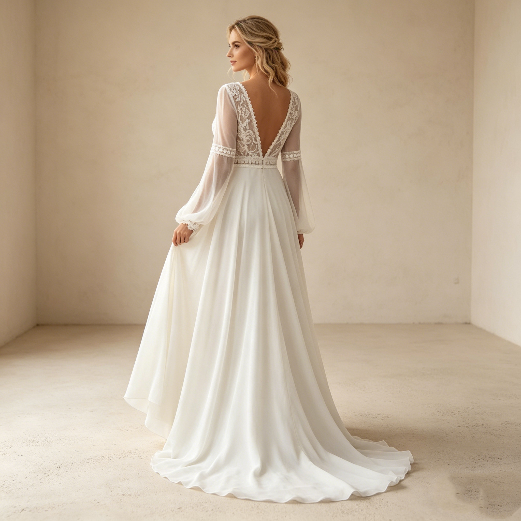 Moderner Zweiteiler-Traum: Weißes Maxikleid mit elegantem Langarm-Top und floralem A-Linien-Rock