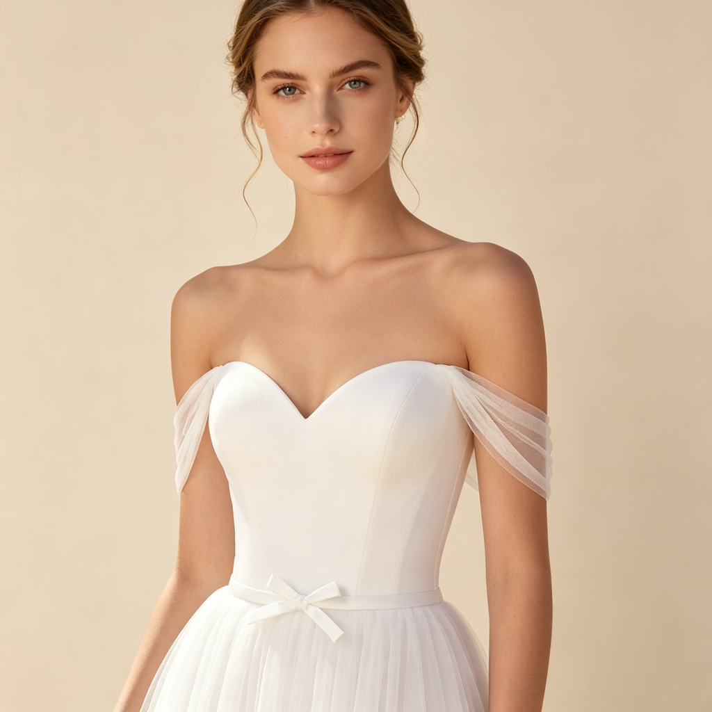 Elegantes off‑shoulder Festmaxikleid, figurbetontes Oberteil, fließender Tüll‑Rock mit Schleppe