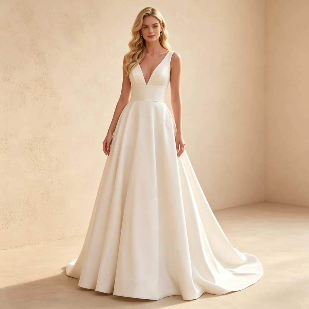 Damen Satin-Maxikleid mit Tiefem V-Ausschnitt, Breiter Taille und Faltenrock - Elfenbein