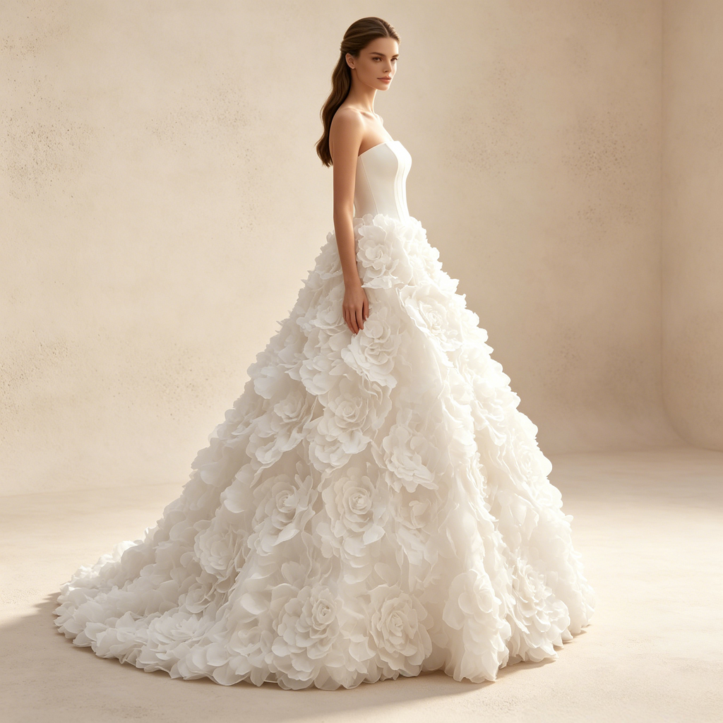 Trägerloses Abendkleid mit Korsagen-Oberteil und 3D-Blumen-Applikationen – Weiß