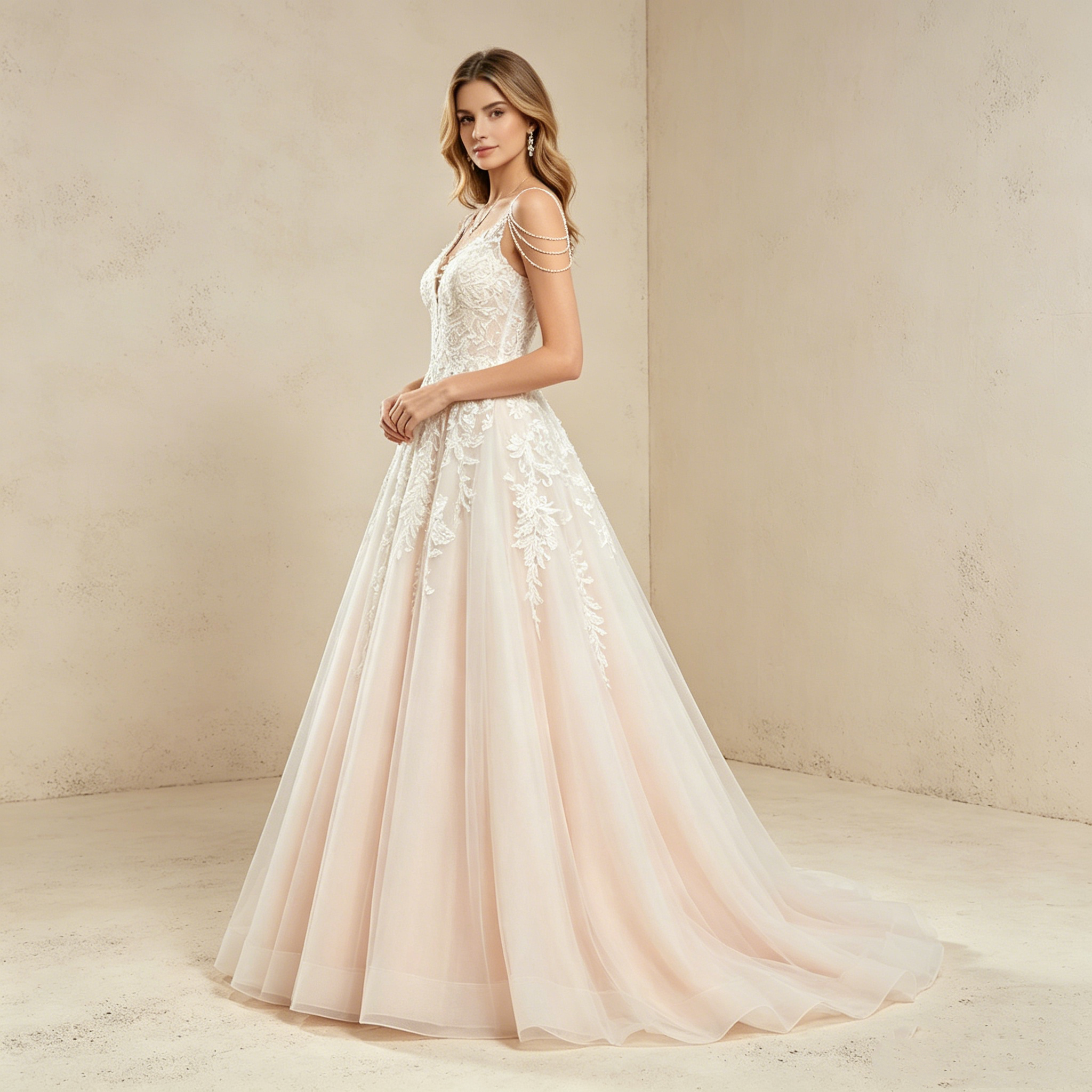Exklusives Maxikleid mit floraler Spitze und Perlenketten-Details, elegantes bodenlanges Abendkleid mit V-Ausschnitt in A-Linie