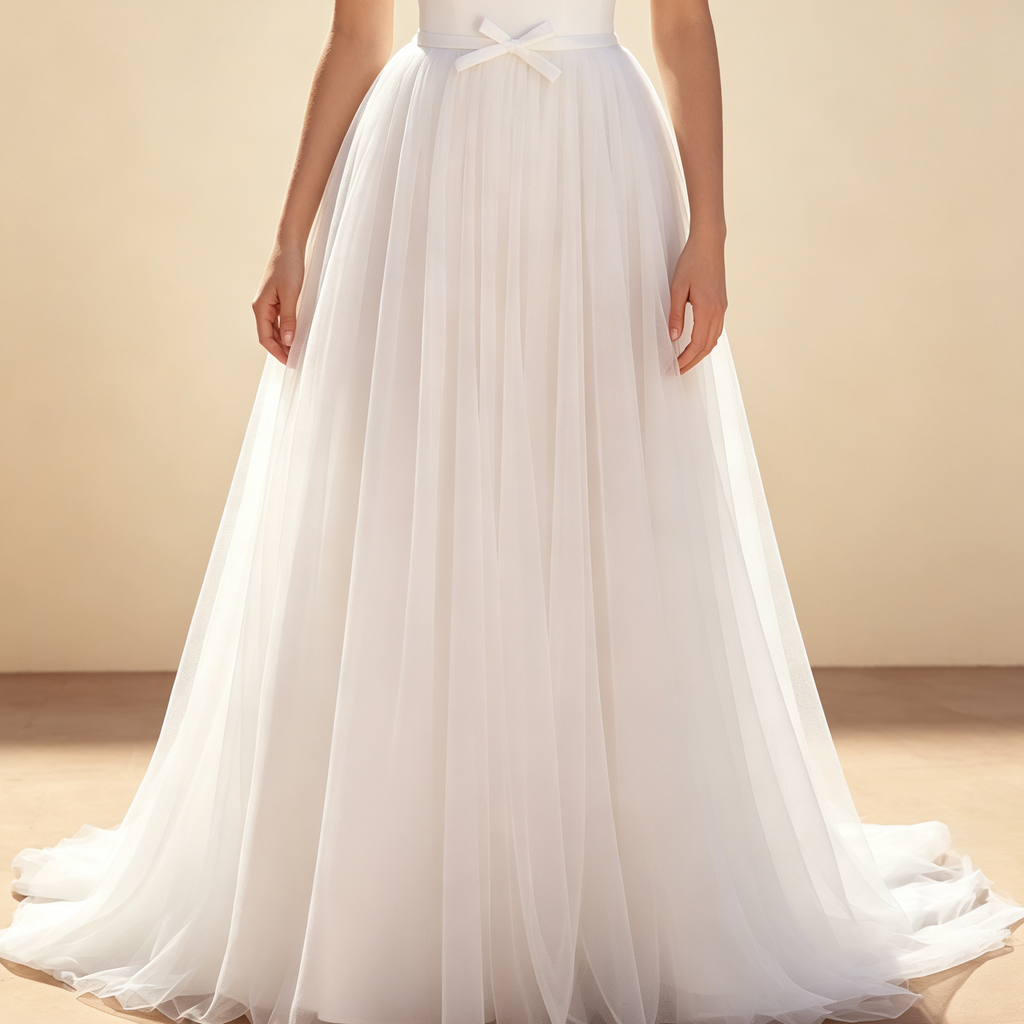 Elegantes off‑shoulder Festmaxikleid, figurbetontes Oberteil, fließender Tüll‑Rock mit Schleppe