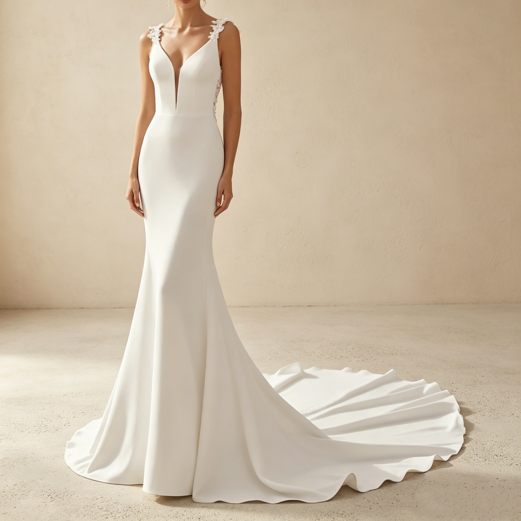 Elegantes Meerjungfrau-Abendkleid in Elfenbein – Exklusives Maxikleid mit tiefem V-Ausschnitt und Spitzenverzierung
