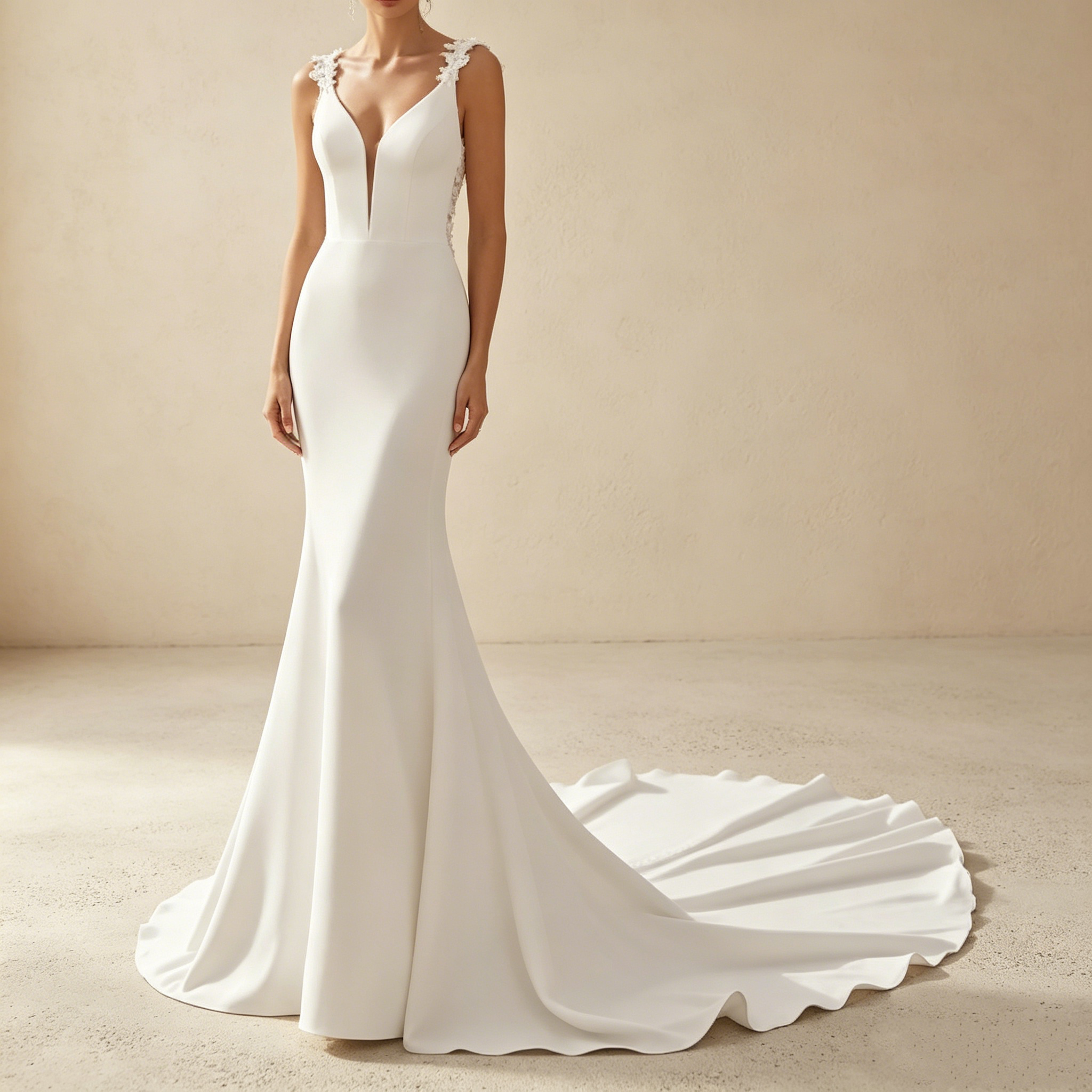 Elegantes Meerjungfrau-Abendkleid in Elfenbein – Exklusives Maxikleid mit tiefem V-Ausschnitt und Spitzenverzierung