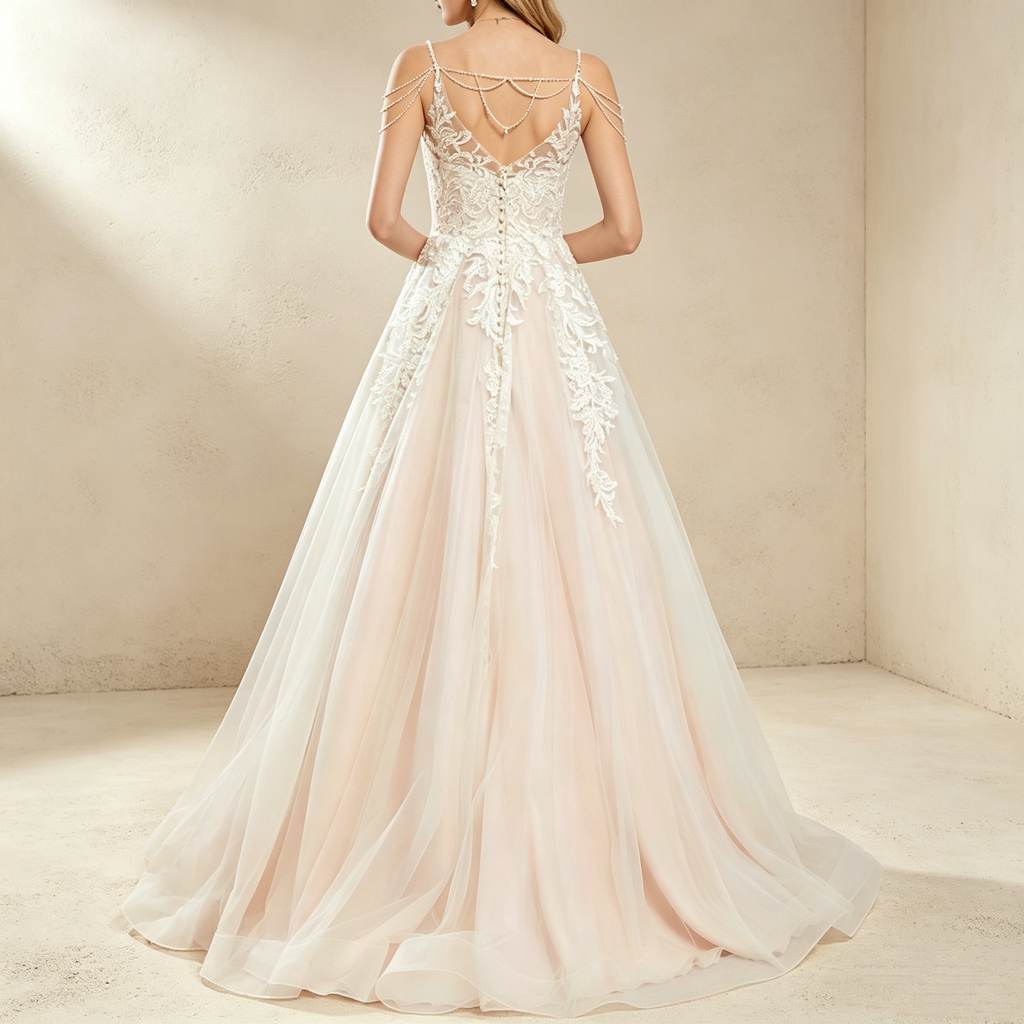 Exklusives Maxikleid mit floraler Spitze und Perlenketten-Details, elegantes bodenlanges Abendkleid mit V-Ausschnitt in A-Linie