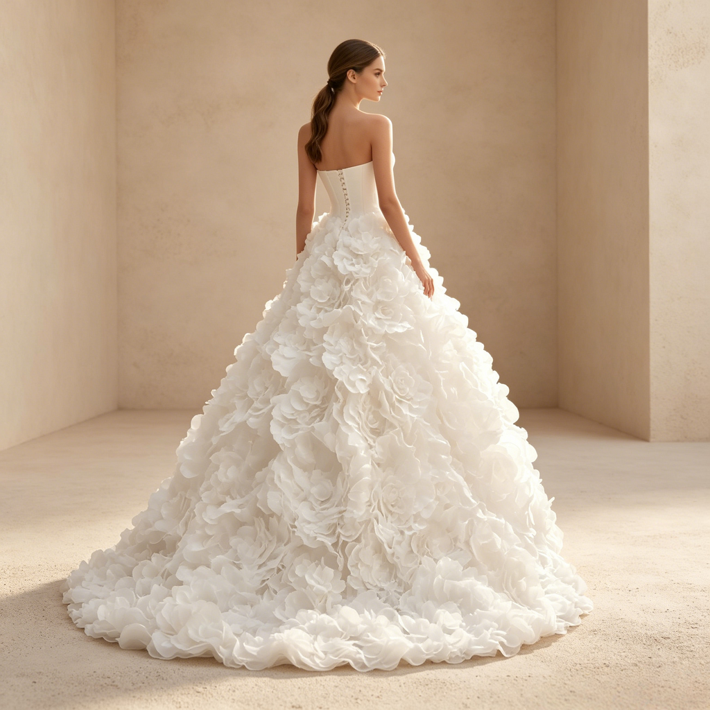 Trägerloses Abendkleid mit Korsagen-Oberteil und 3D-Blumen-Applikationen – Weiß