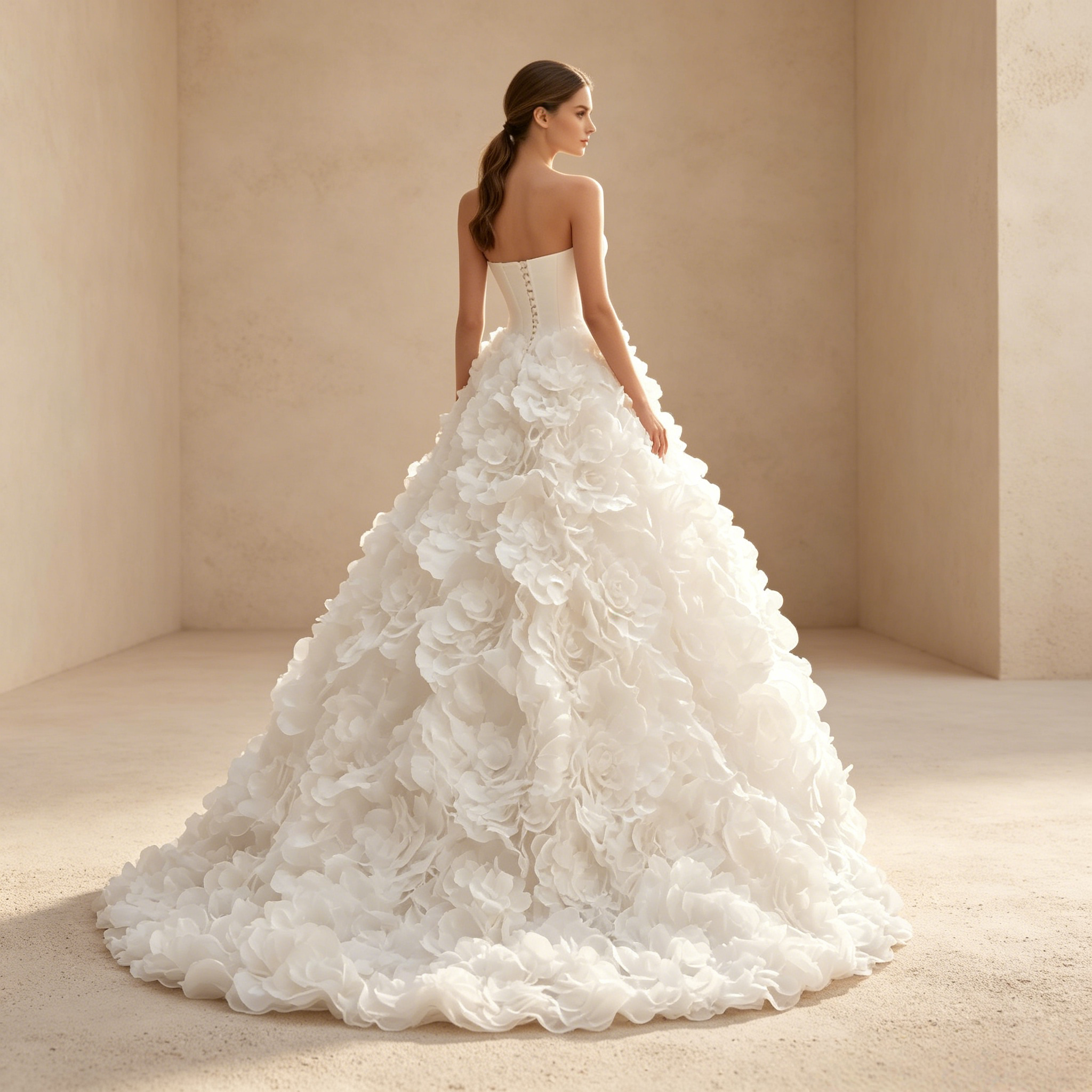 Trägerloses Abendkleid mit Korsagen-Oberteil und 3D-Blumen-Applikationen – Weiß