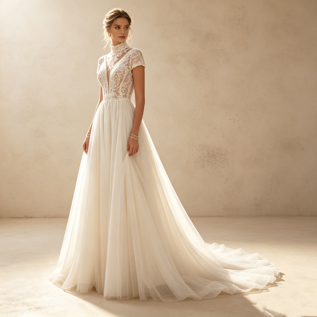 Zeitlose Aristokratie: Maxikleid in Elfenbein mit edlem Stehkragen und filigraner Boho-Spitze