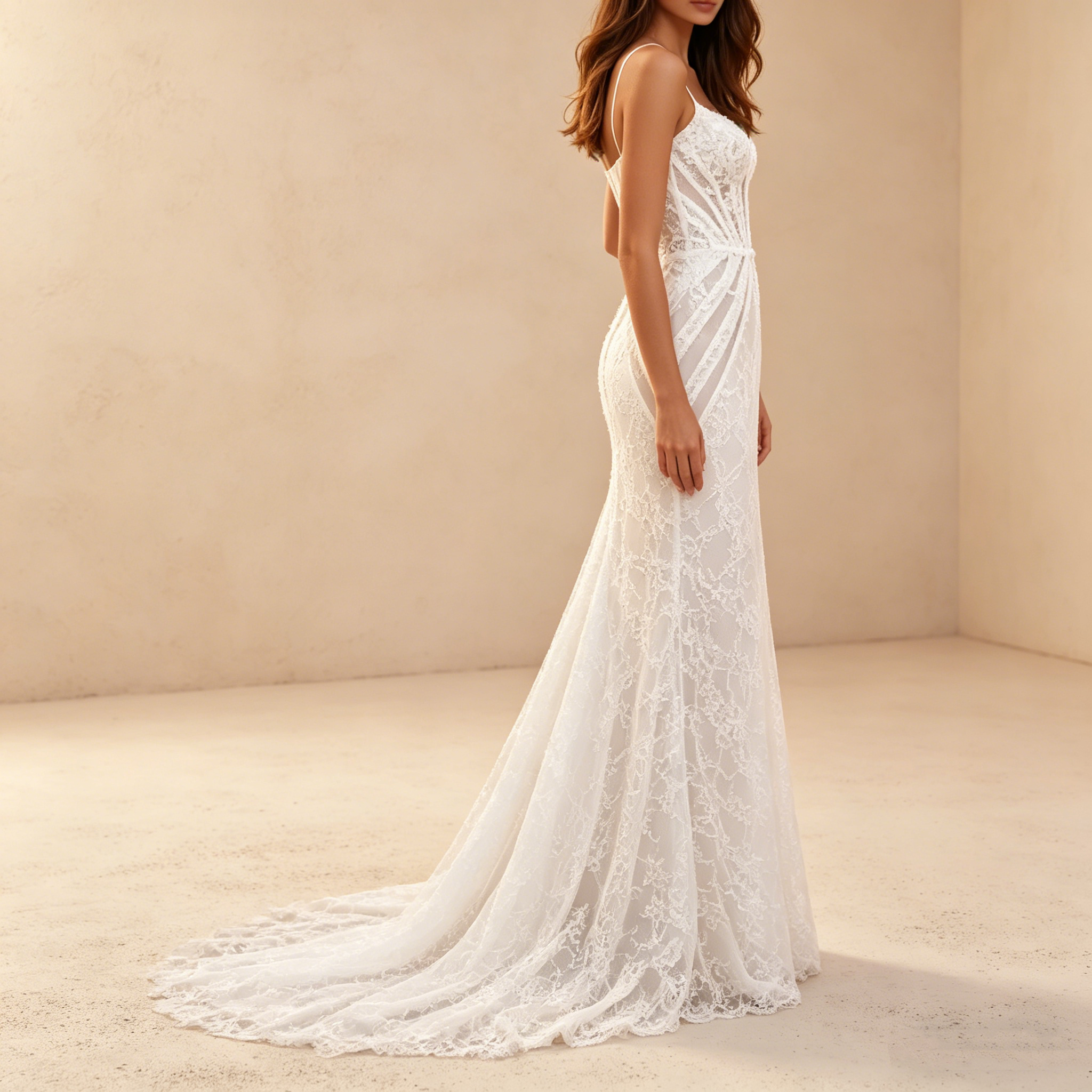 Elegantes Abendkleid aus Floralspitze in Elfenbein, Figurbetontes Meerjungfrau-Maxikleid mit Spaghettiträgern, Exquisite Galarobe