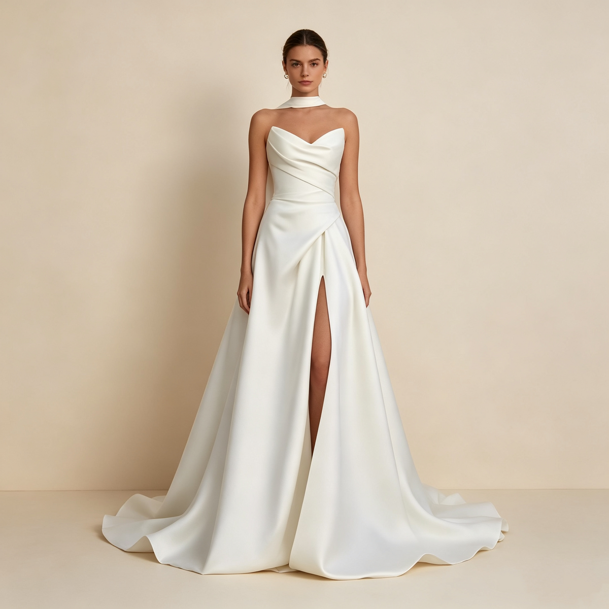 Festliches Damen Maxikleid trägerlos mit Halsband‑Detail, A‑Linie Schnitt mit Beinschlitz und Schleppe