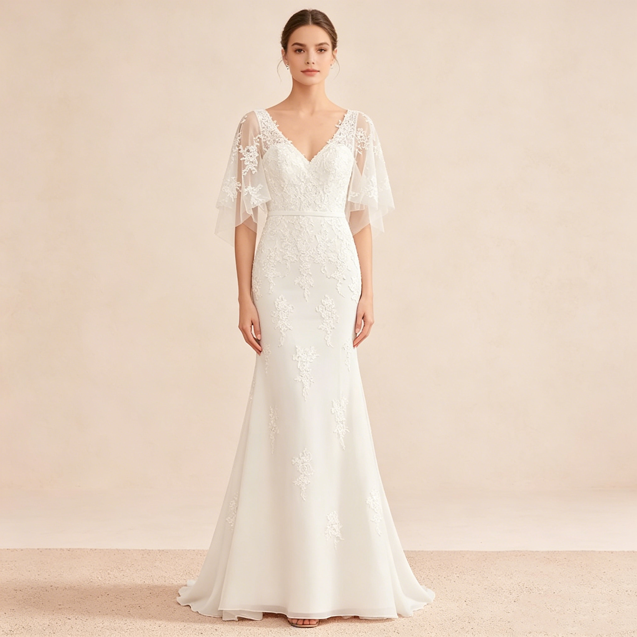 Exklusives weißes Abendkleid mit floraler Spitze im Meerjungfrau-Stil, elegantes bodenlanges Maxikleid mit V-Ausschnitt und Flatterärmeln