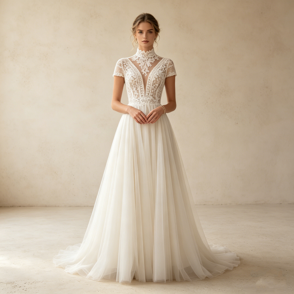 Zeitlose Aristokratie: Maxikleid in Elfenbein mit edlem Stehkragen und filigraner Boho-Spitze