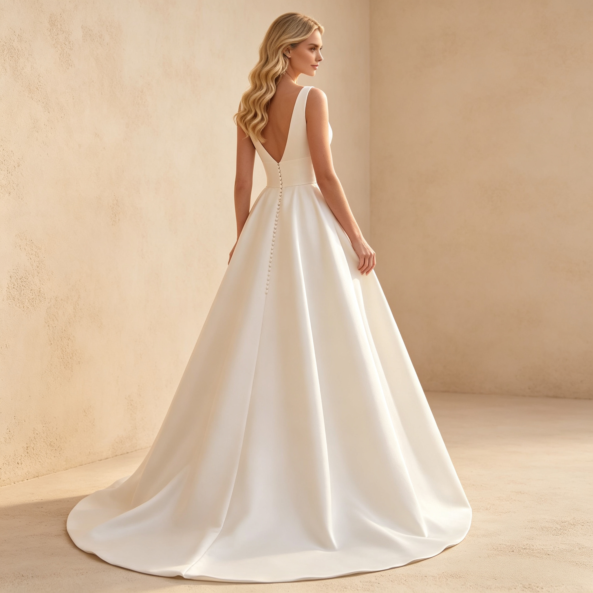 Damen Satin-Maxikleid mit Tiefem V-Ausschnitt, Breiter Taille und Faltenrock - Elfenbein