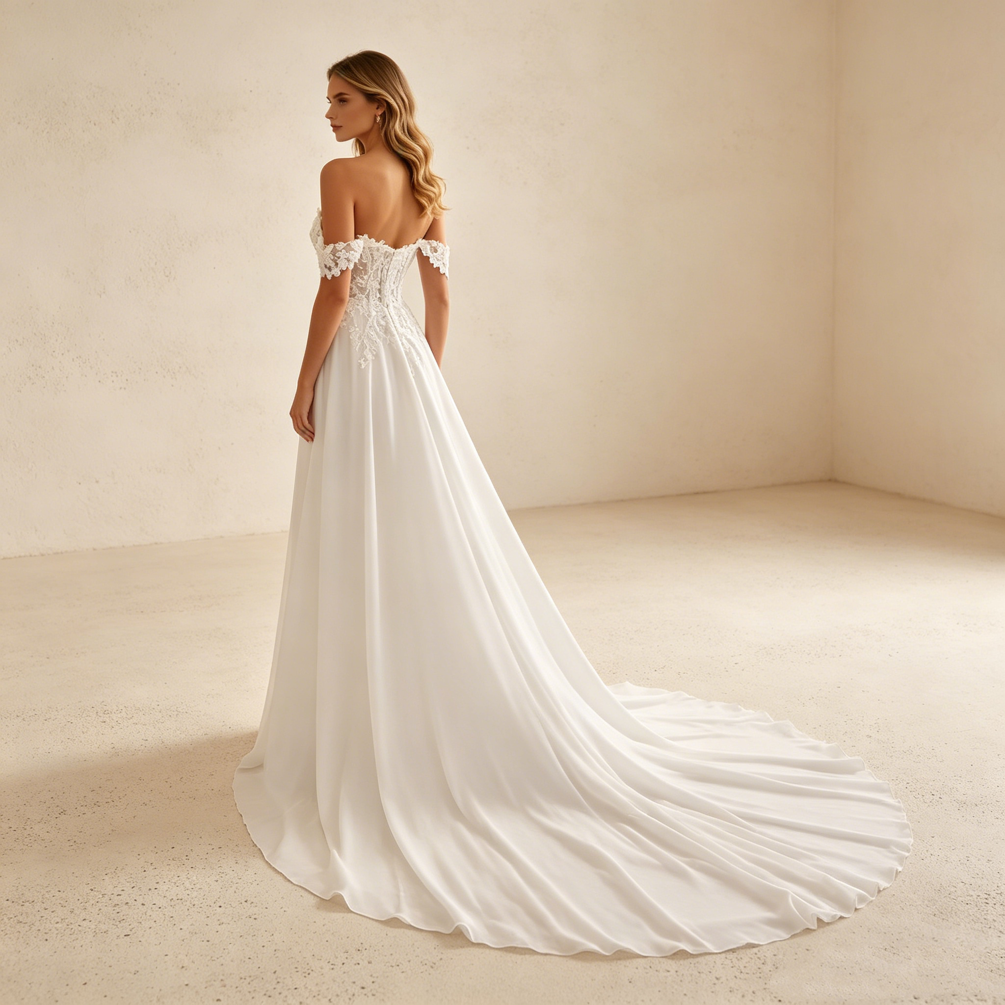 Off-Shoulder A-Linien Abendkleid in Weiß mit Beinschlitz, Spitzen-Corsage und fließender Schleppe – Maxi-Chiffonkleid mit Spitzen-Applikationen