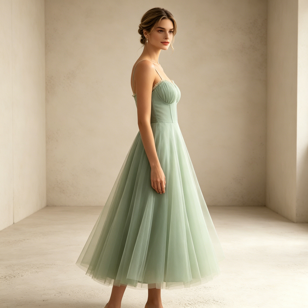 Wadenlanges A-Linie Abendkleid mit Spaghetti-Trägern Elegantes Tüll Kleid - Mintgrün