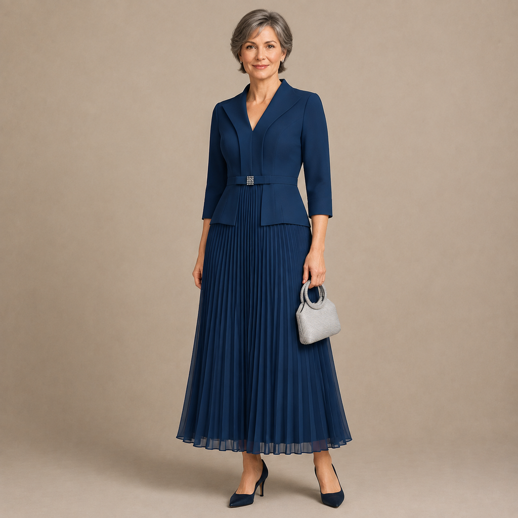 Elegantes Maxi Festkleid für Damen, 3/4 Ärmel, Blazer‑Kragen, plissierter Rock für Gala‑Abende und formelle Events