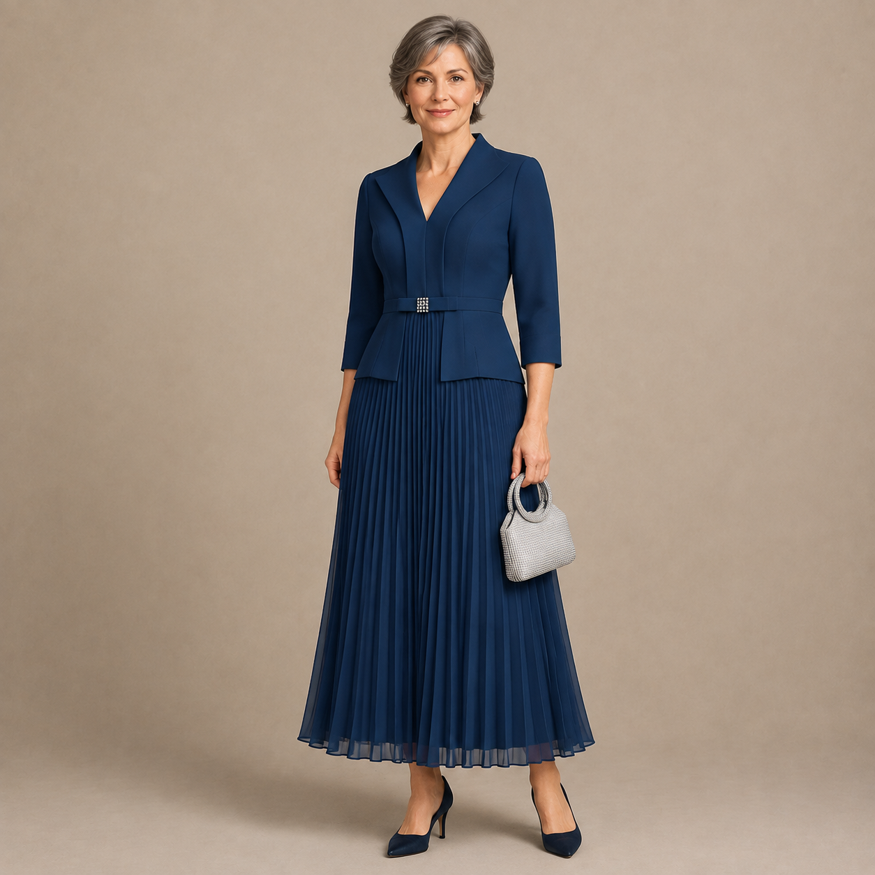 Elegantes Maxi Festkleid für Damen, 3/4 Ärmel, Blazer‑Kragen, plissierter Rock für Gala‑Abende und formelle Events