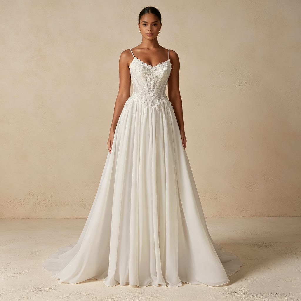 Elegantes Abendkleid mit Spitzenkorsett und fließendem Rock, Romantisches Maxikleid mit Spaghettiträgern in Elfenbein, Exquisite Galarobe