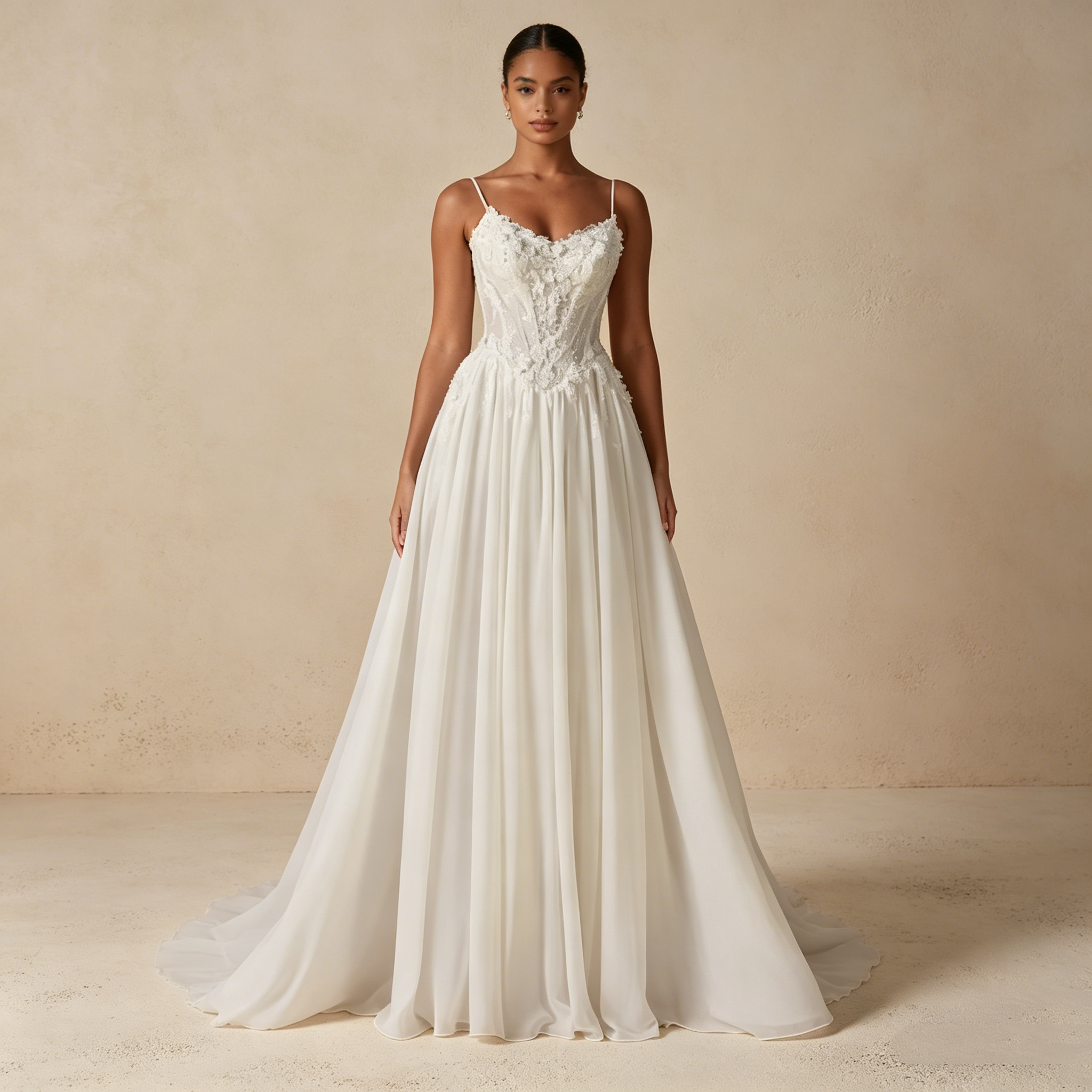 Elegantes Abendkleid mit Spitzenkorsett und fließendem Rock, Romantisches Maxikleid mit Spaghettiträgern in Elfenbein, Exquisite Galarobe