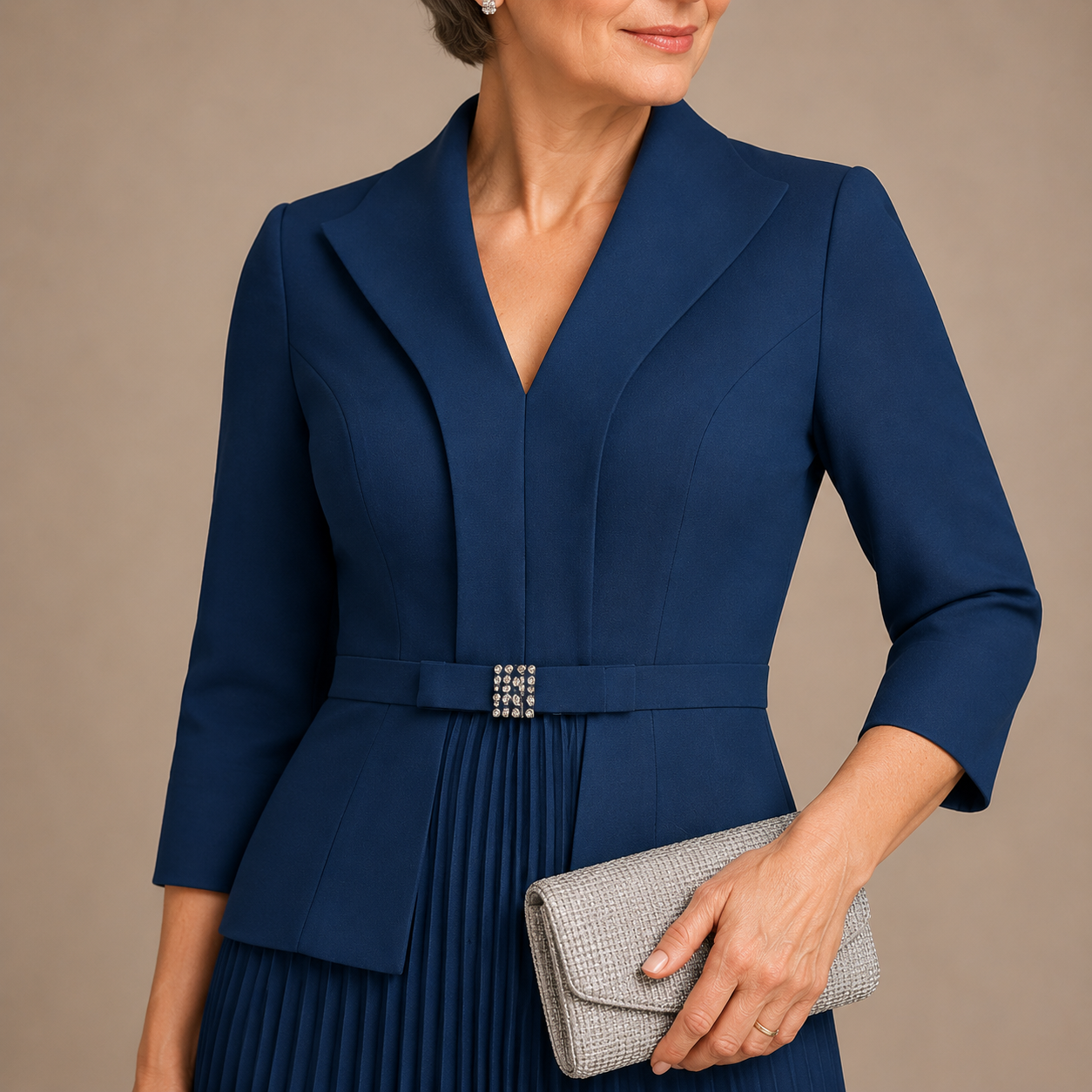 Elegantes Maxi Festkleid für Damen, 3/4 Ärmel, Blazer‑Kragen, plissierter Rock für Gala‑Abende und formelle Events