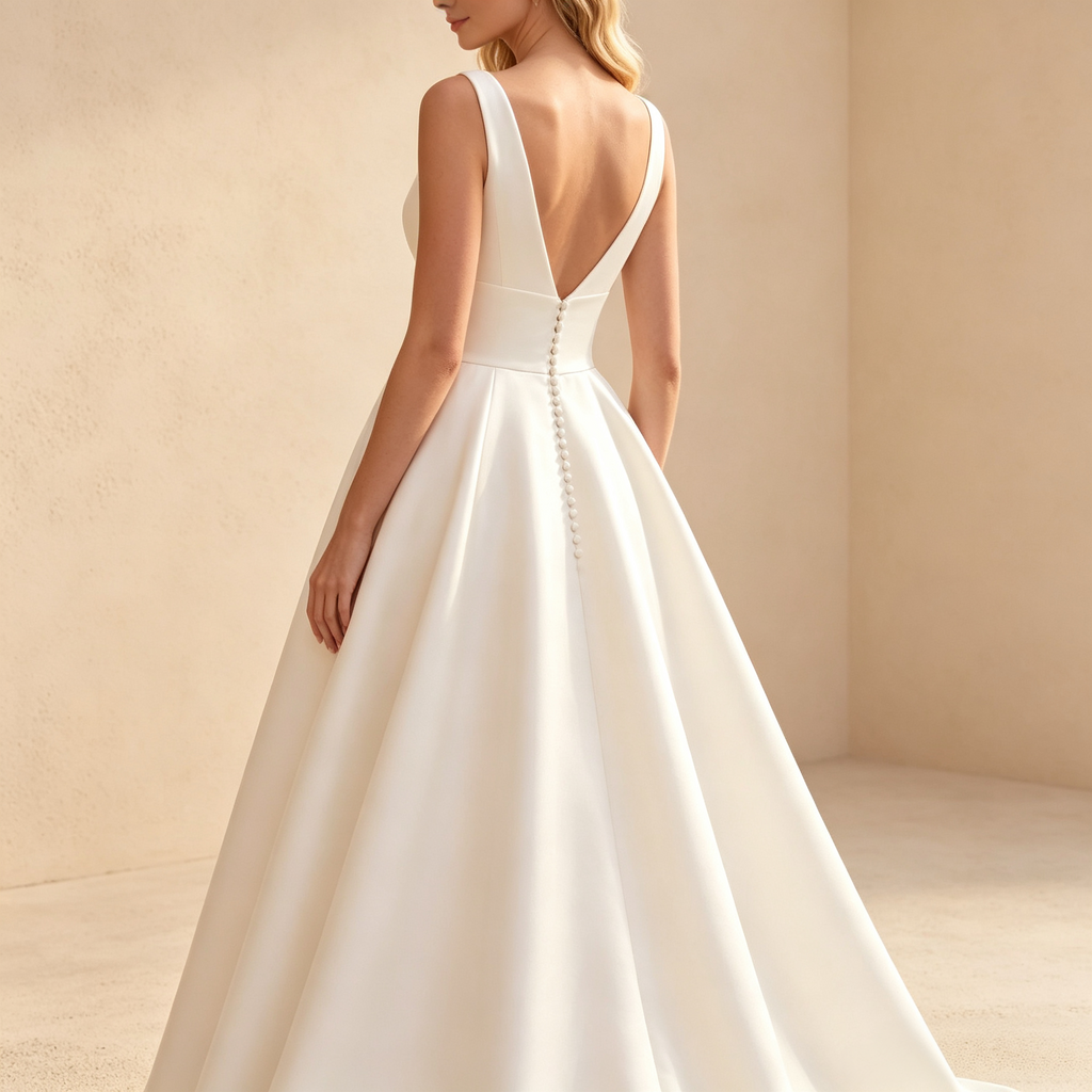 Damen Satin-Maxikleid mit Tiefem V-Ausschnitt, Breiter Taille und Faltenrock - Elfenbein