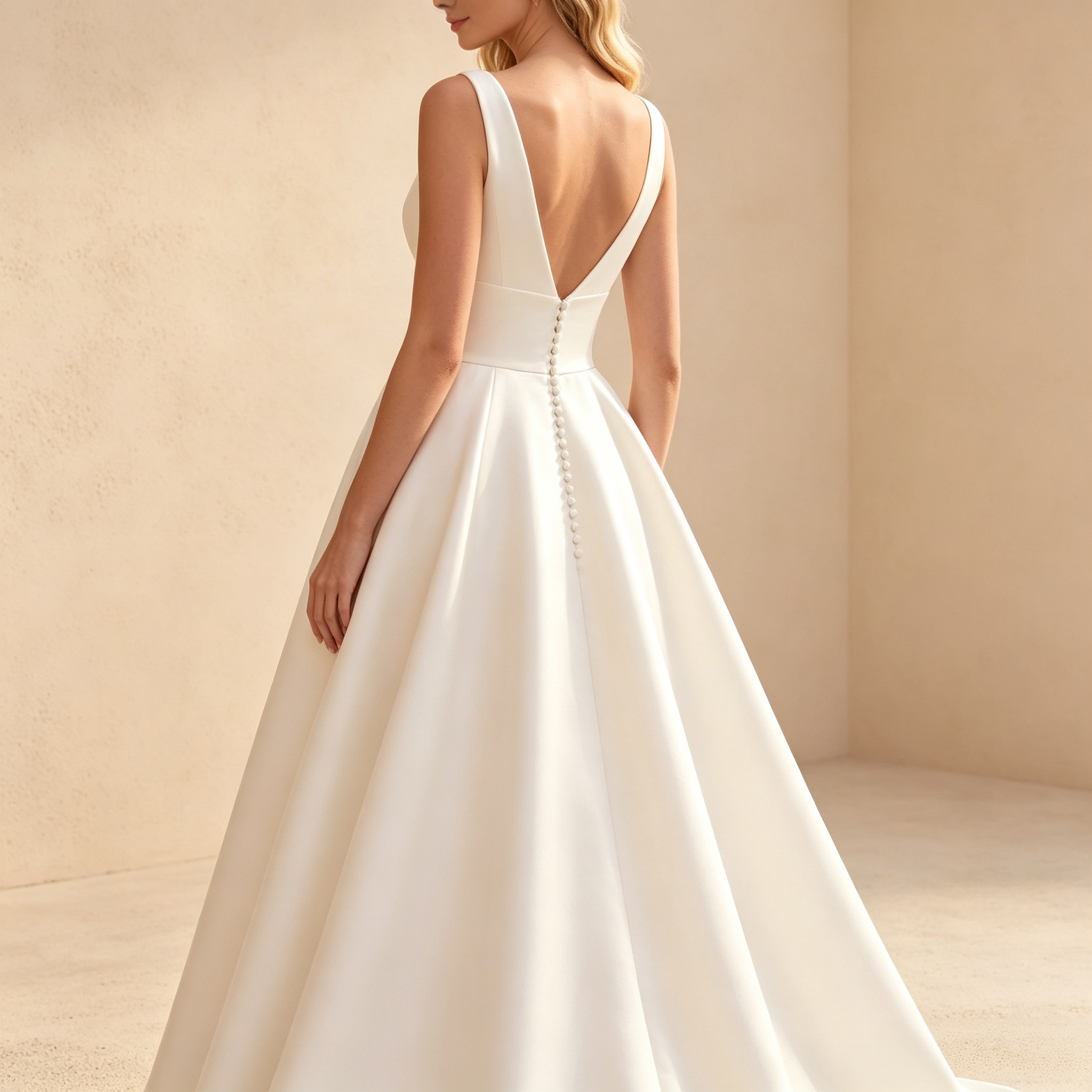 Damen Satin-Maxikleid mit Tiefem V-Ausschnitt, Breiter Taille und Faltenrock - Elfenbein