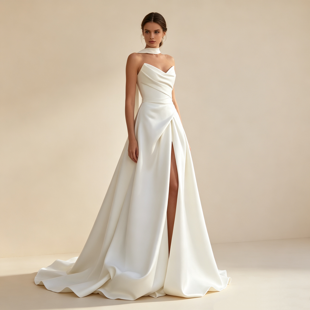 Festliches Damen Maxikleid trägerlos mit Halsband‑Detail, A‑Linie Schnitt mit Beinschlitz und Schleppe
