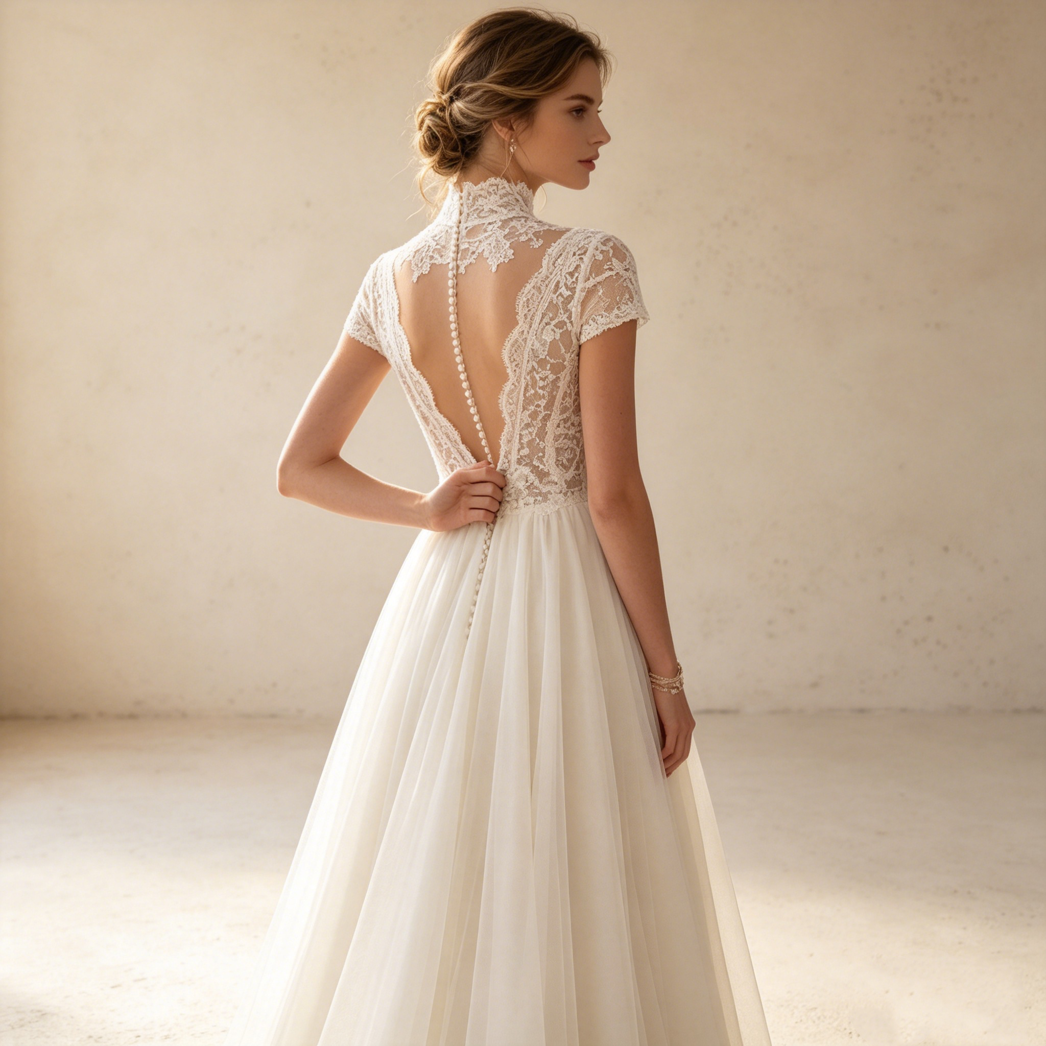 Zeitlose Aristokratie: Maxikleid in Elfenbein mit edlem Stehkragen und filigraner Boho-Spitze