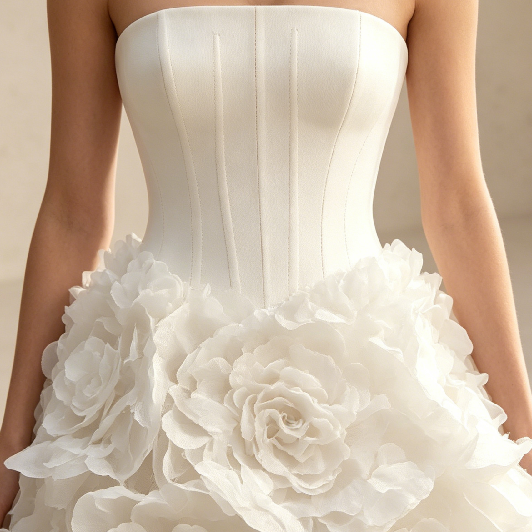 Trägerloses Abendkleid mit Korsagen-Oberteil und 3D-Blumen-Applikationen – Weiß