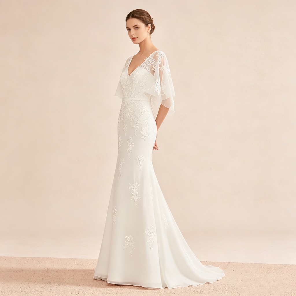 Exklusives weißes Abendkleid mit floraler Spitze im Meerjungfrau-Stil, elegantes bodenlanges Maxikleid mit V-Ausschnitt und Flatterärmeln