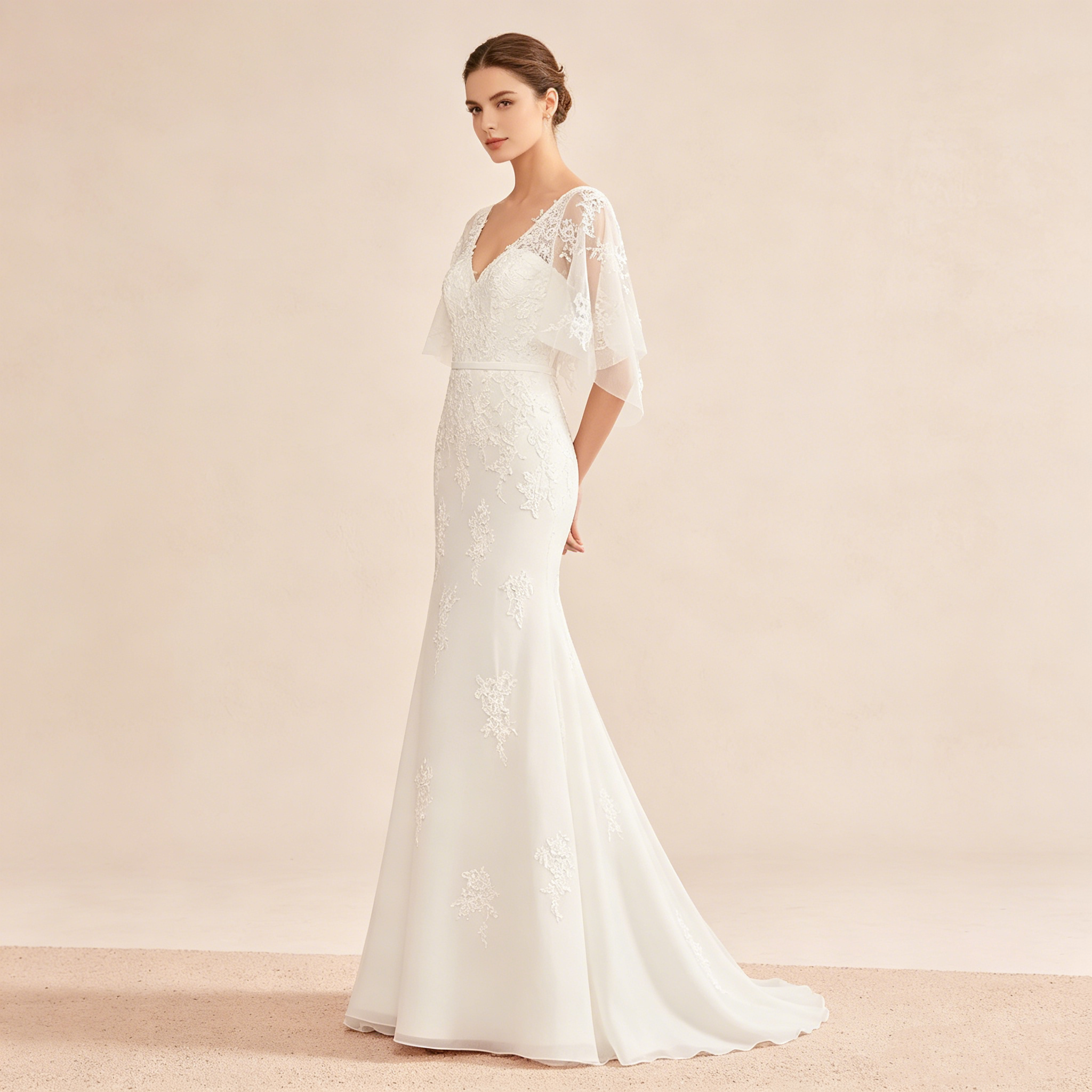 Exklusives weißes Abendkleid mit floraler Spitze im Meerjungfrau-Stil, elegantes bodenlanges Maxikleid mit V-Ausschnitt und Flatterärmeln