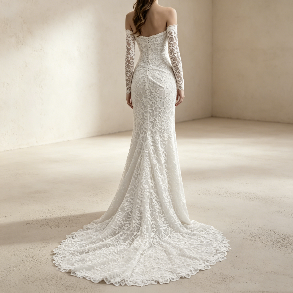 Elegantes Off-Shoulder Abendkleid mit langen Spitzenärmeln und Raffung | Maßanfertigung