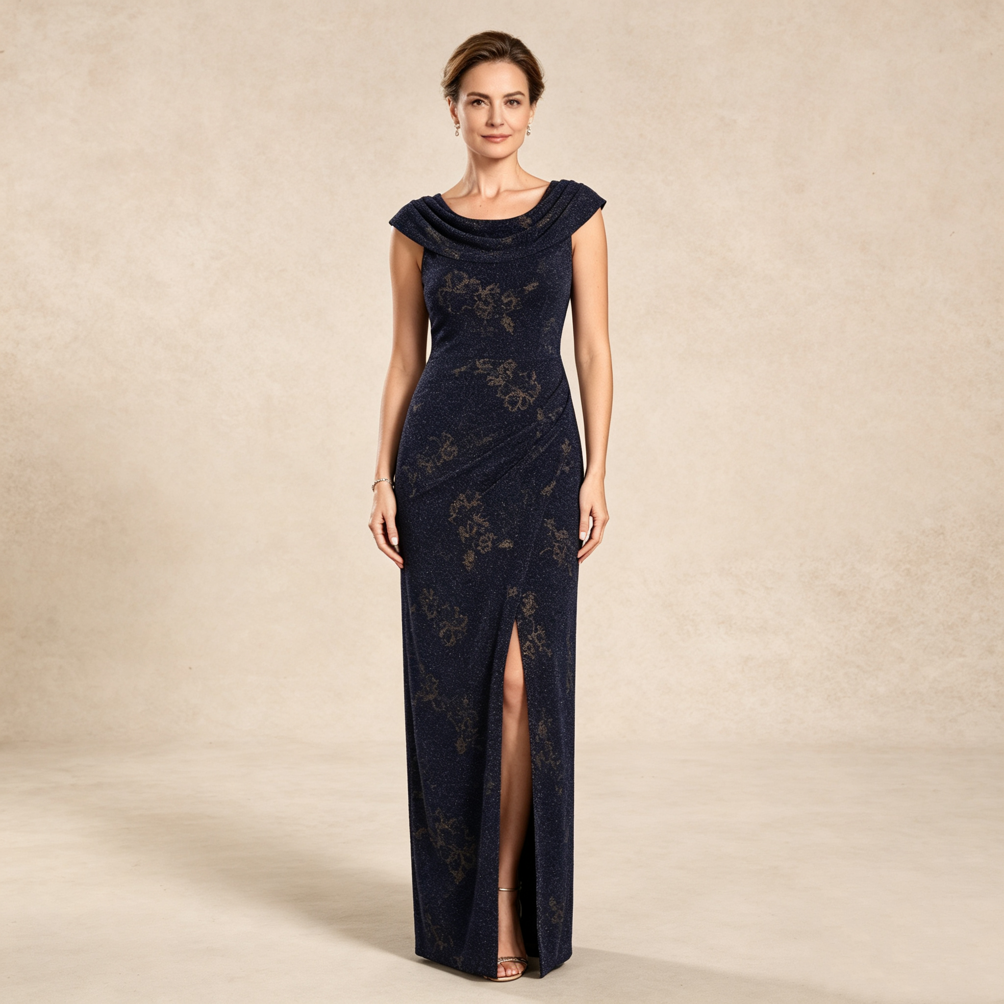 Eleganter bodenlanger Kleid mit drapiertem Kragen, gemustertem Stoff und Seitenschlitz für formelle Anlässe