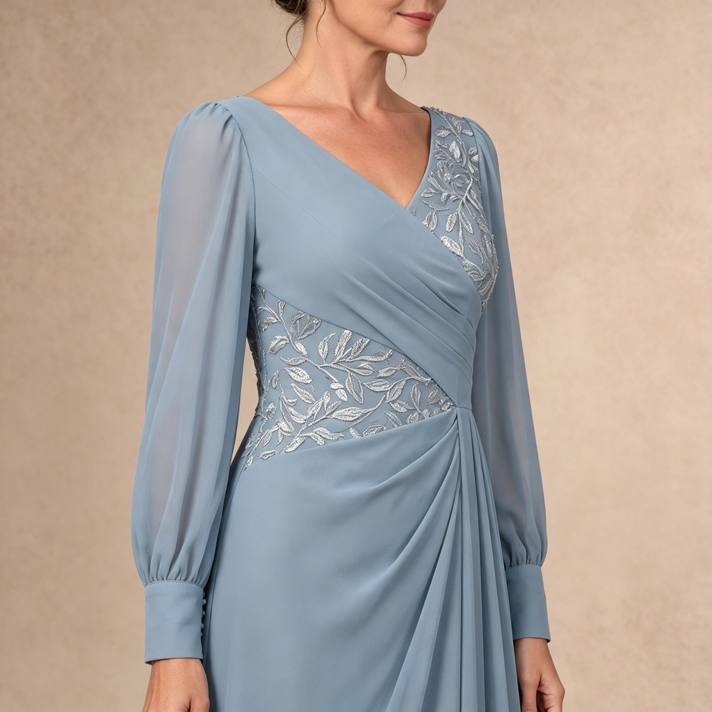 Staubblauer Chiffon Maxikleid mit floraler Spitze, V-Ausschnitt und geraffter Taille für festliche Abendanlässe